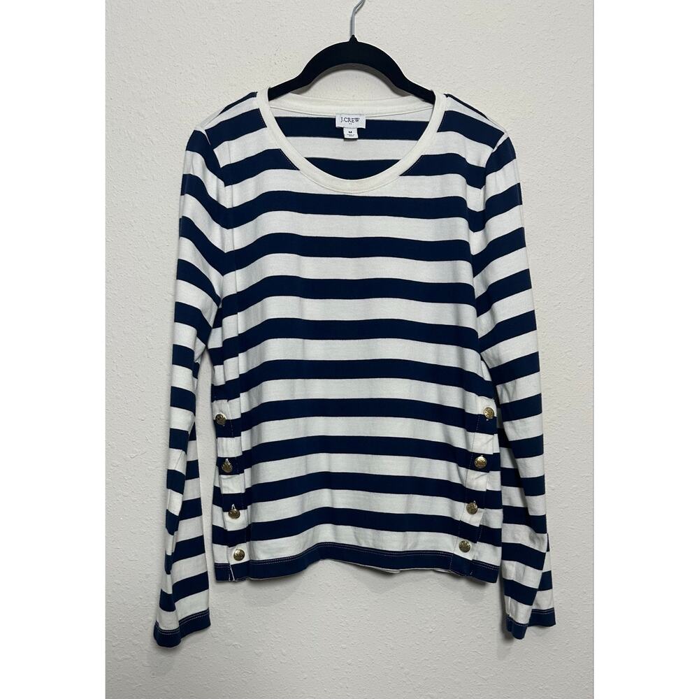 J Crew French Breton Striped Nautical Cotton Top M Navy/White L/S Gold Buttons